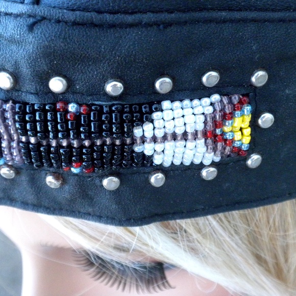 Leather Beaded Studded Cap Hat - Picture 3 of 3